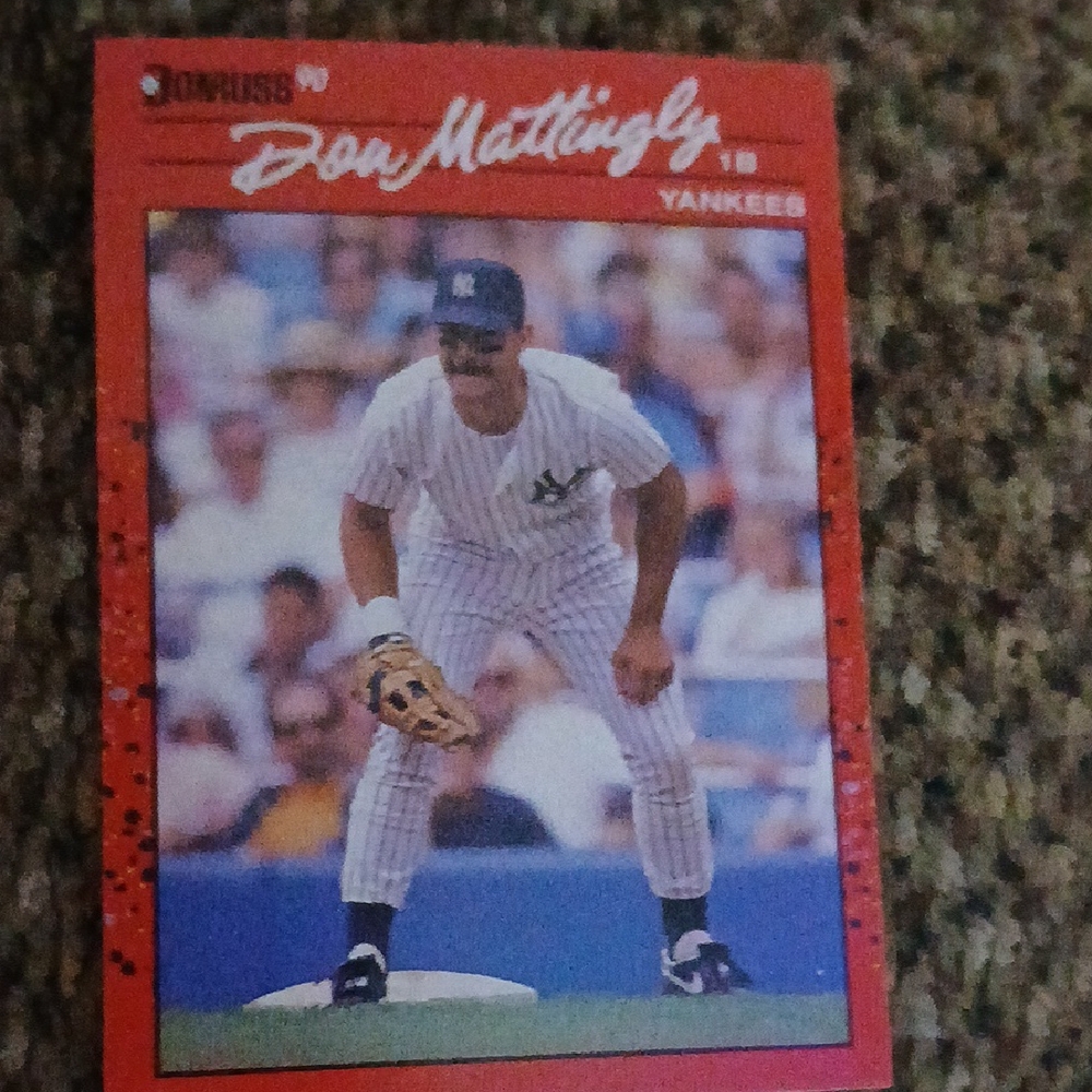 Red and White Baseball Card with Pinstriped Uniform